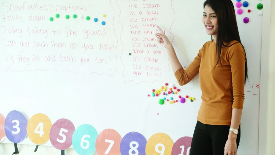 Young asian woman teacher teaching english kids in kindergarten classroom, preschool education concept