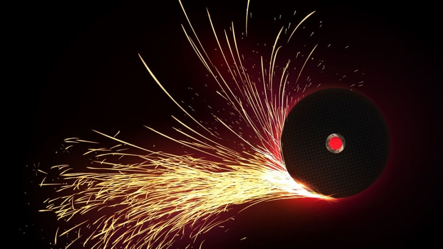 Isolated rotate abrasive disc with sparks on dark background. Technology and industrial vector illustration