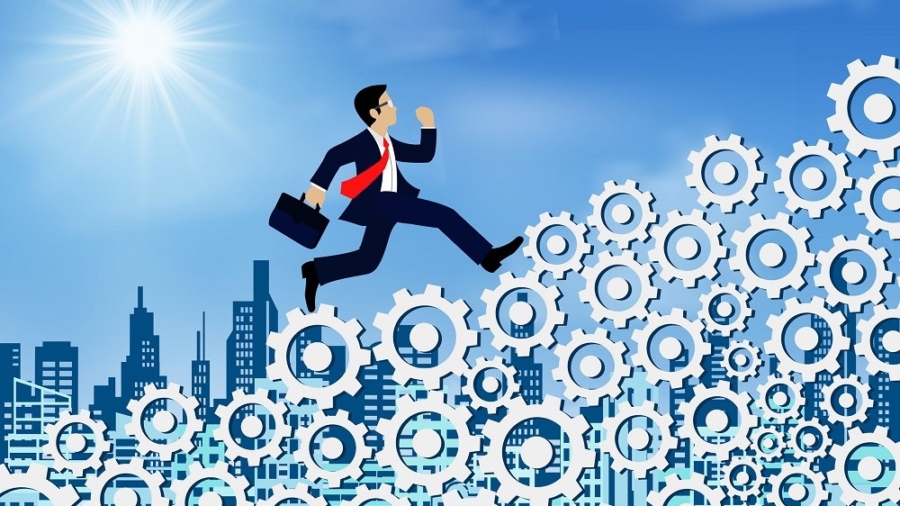 business man running on the gear ladder. go to goal. business success. creative idea. leadership. illustration vector